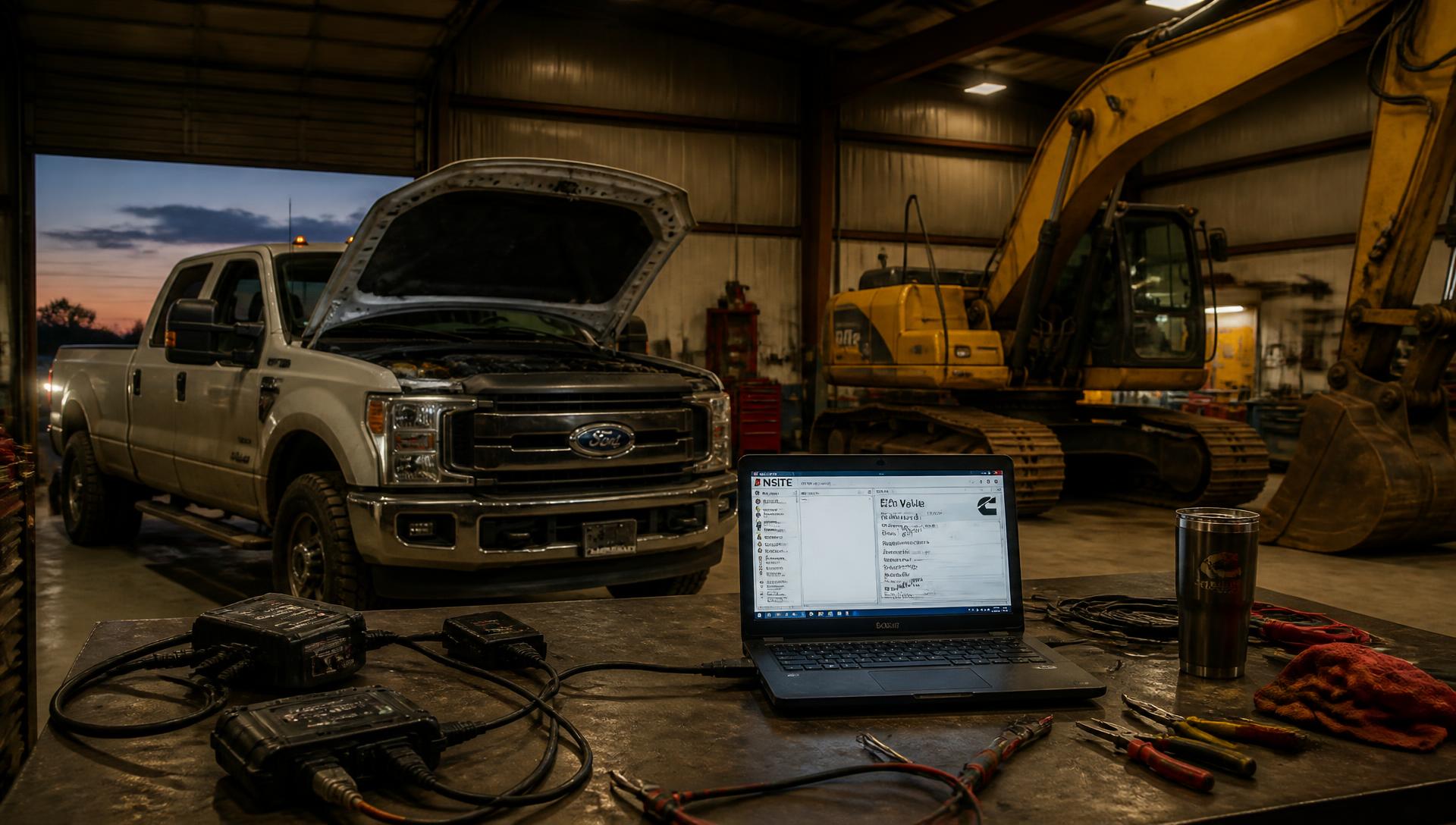 Diesel pickup and excavator in a tuning workshop at night